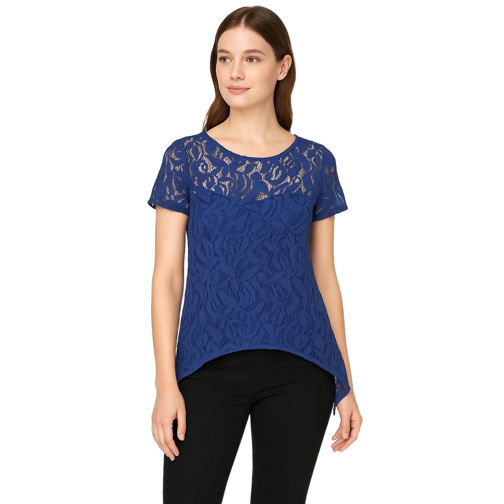 LOVE ON A HANGER Womens Size Medium Blue Lace T-shirt Sheer Asymmetrical Hem